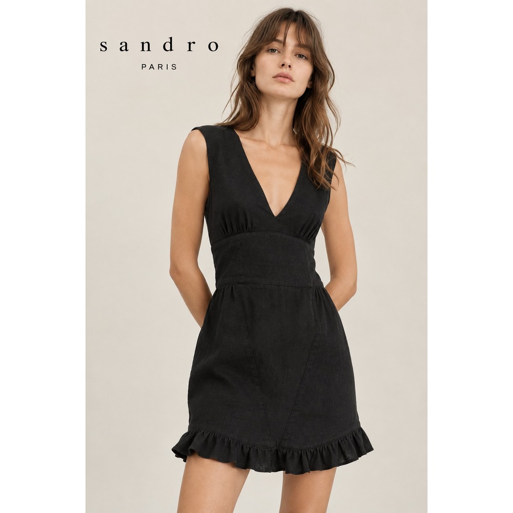 Sandro Paris Black Linen Blend Mini Dress Size 1 US 4 S Deep V Open Back LBD